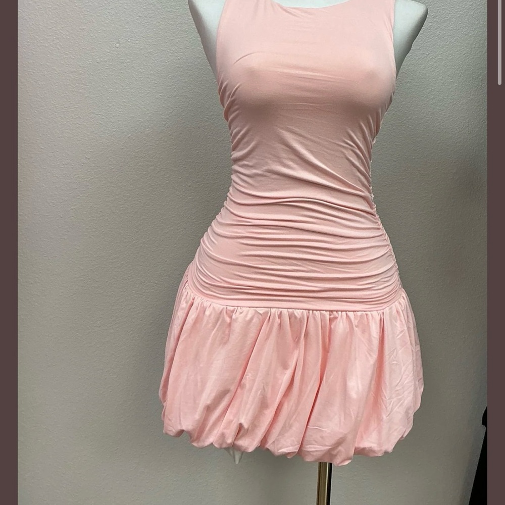 Sleeveless Pink Ruched Bubble-Hem Dress